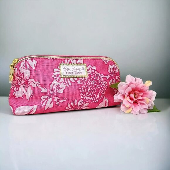 Lilly Pulitzer for Estee Lauder Cosmetic Makeup Travel Bag Pink Floral & Charm - Picture 1 of 16